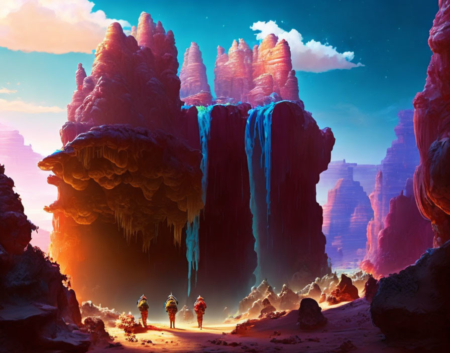 Explorers navigate vibrant alien landscape with towering rock formations