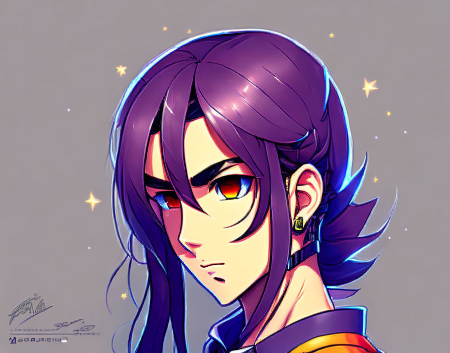 Purple-haired person with red eyes and glowing stars in detailed illustration.