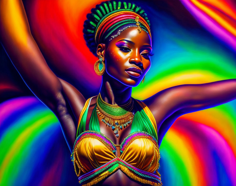 Colorful digital artwork: African woman in headpiece & traditional attire