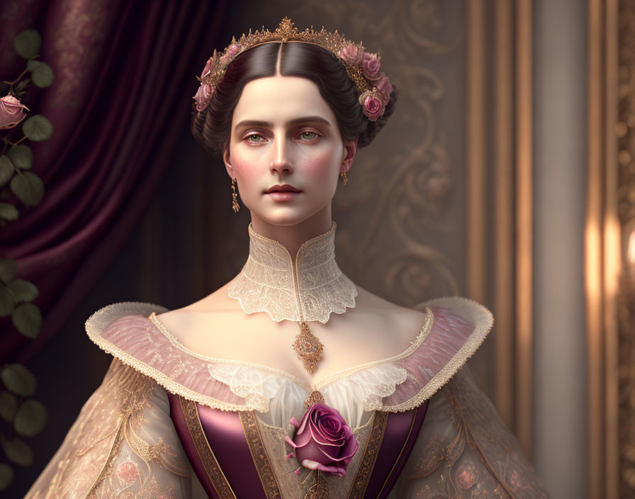 Victorian-era woman portrait with flowers and lace collar in gold and purple dress