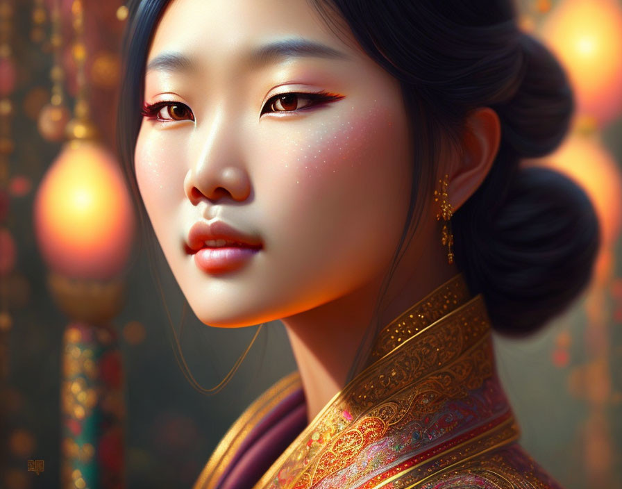 Asian woman in traditional attire with lanterns in digital painting