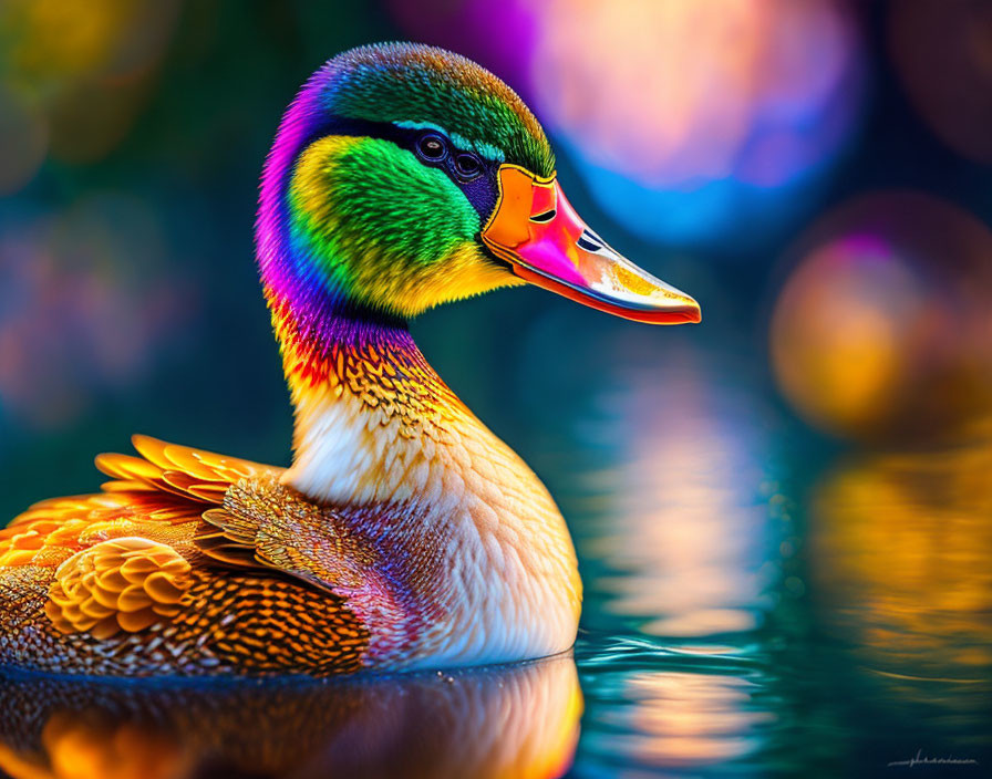 Colorful Duck Floating on Tranquil Water with Bokeh Background