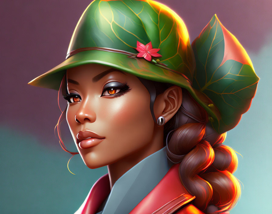 Illustrated portrait of woman with striking makeup and green leaf hat in grayish-blue jacket