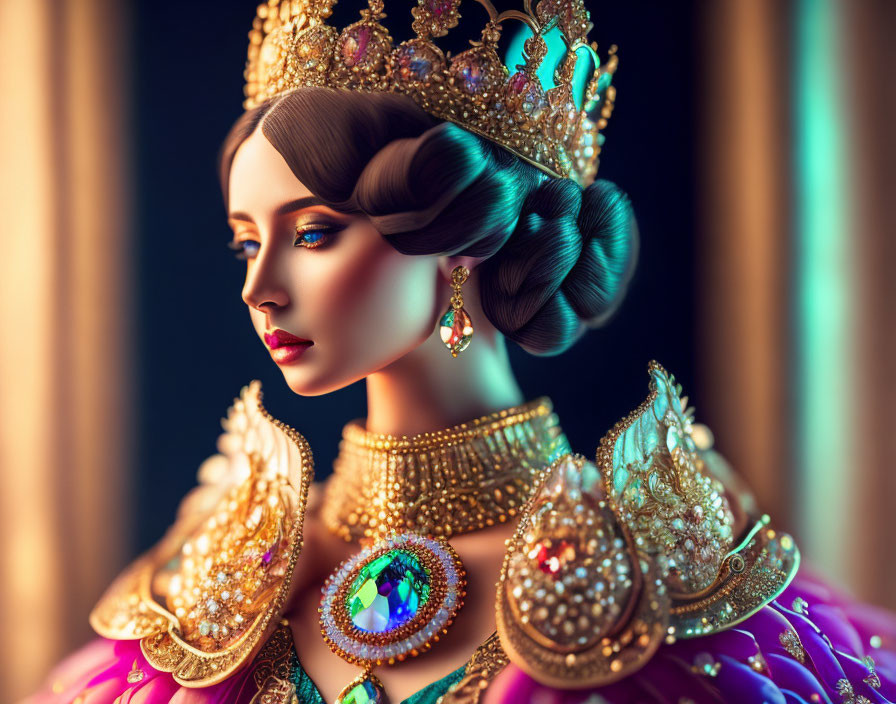 Regal woman in purple gown with golden crown & jewelry