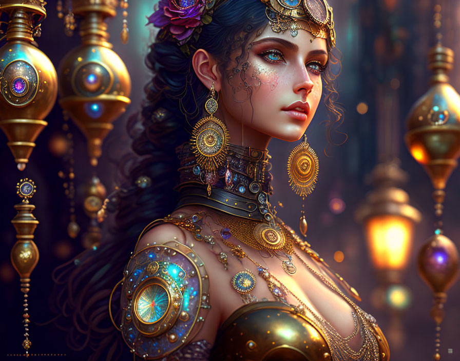 Steampunk-inspired digital artwork of a woman in ornate attire with glowing accents.