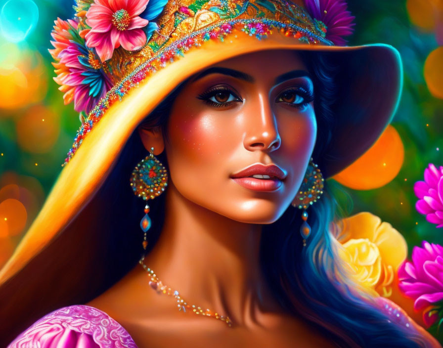 Colorful Portrait of Woman with Golden Accessories and Decorative Hat among Flowers