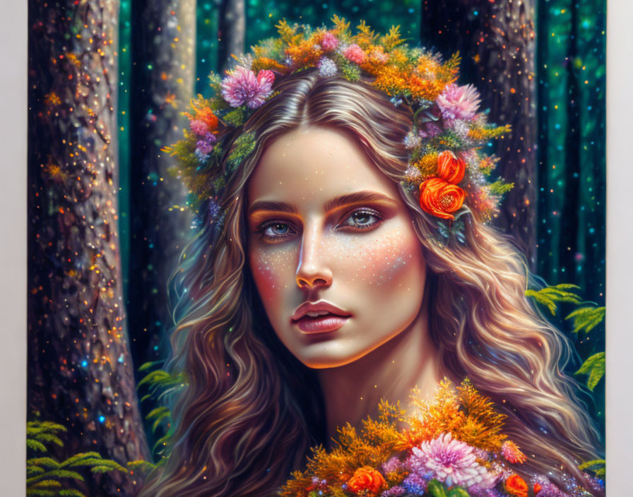 Woman with Floral Crown in Enchanted Forest Setting