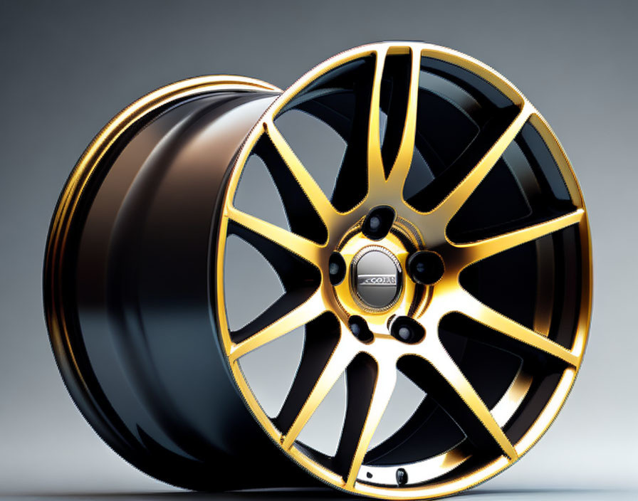 Black and gold car rims: front and side profile view