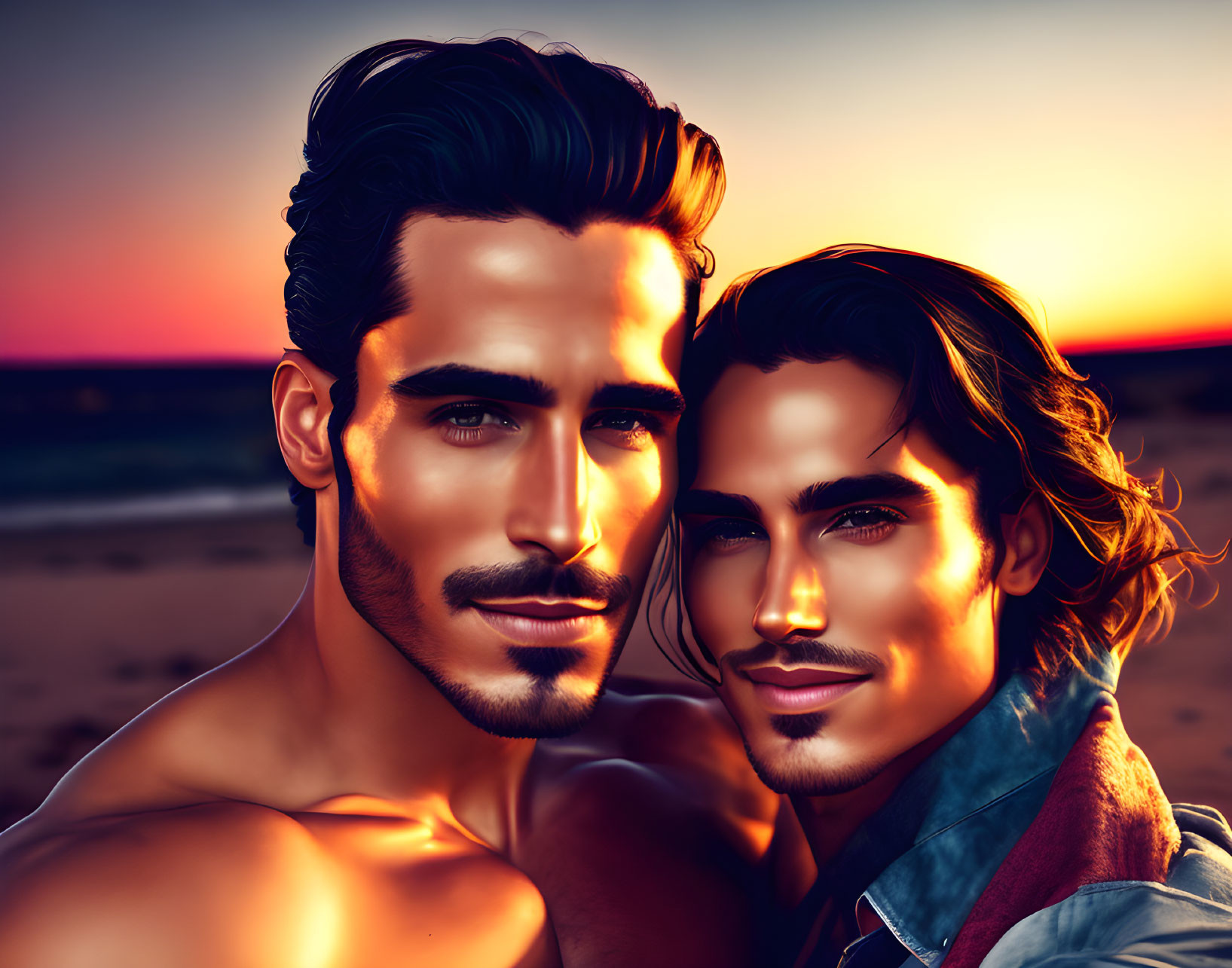 Two handsome men with well-groomed facial hair in stylized sunset beach setting