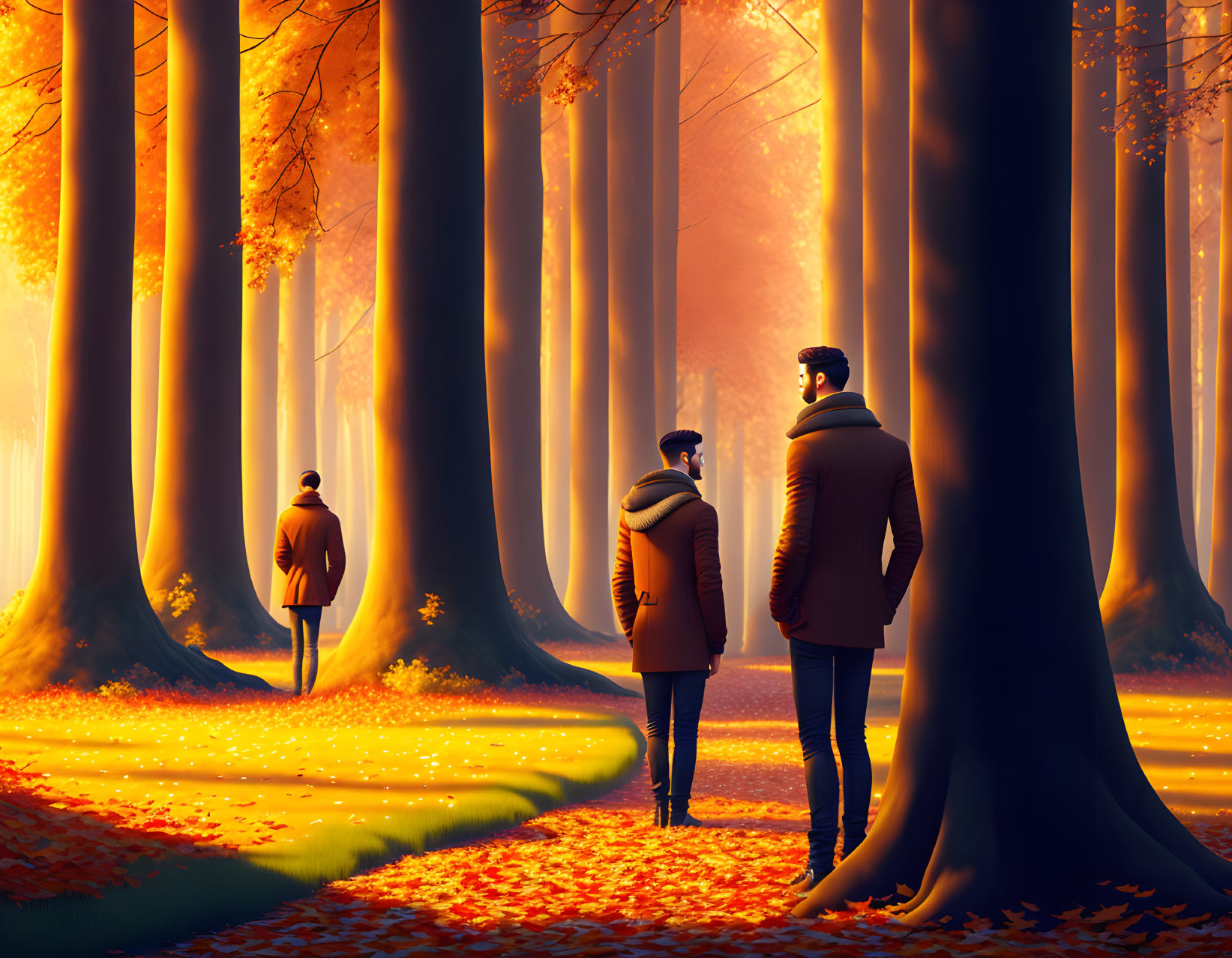 People in warm coats in autumn forest with orange leaves and sunlight filtering through tall trees.