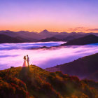 Couple on Mountain Above Clouds at Sunrise