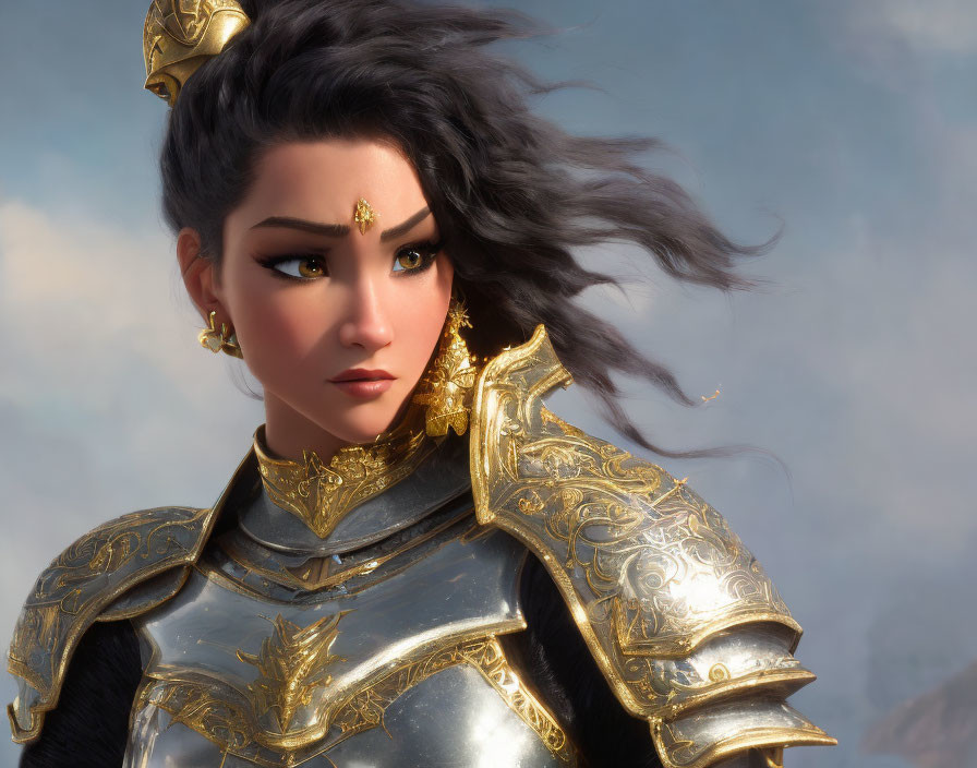 Female warrior digital artwork with black hair and golden armor against cloudy sky