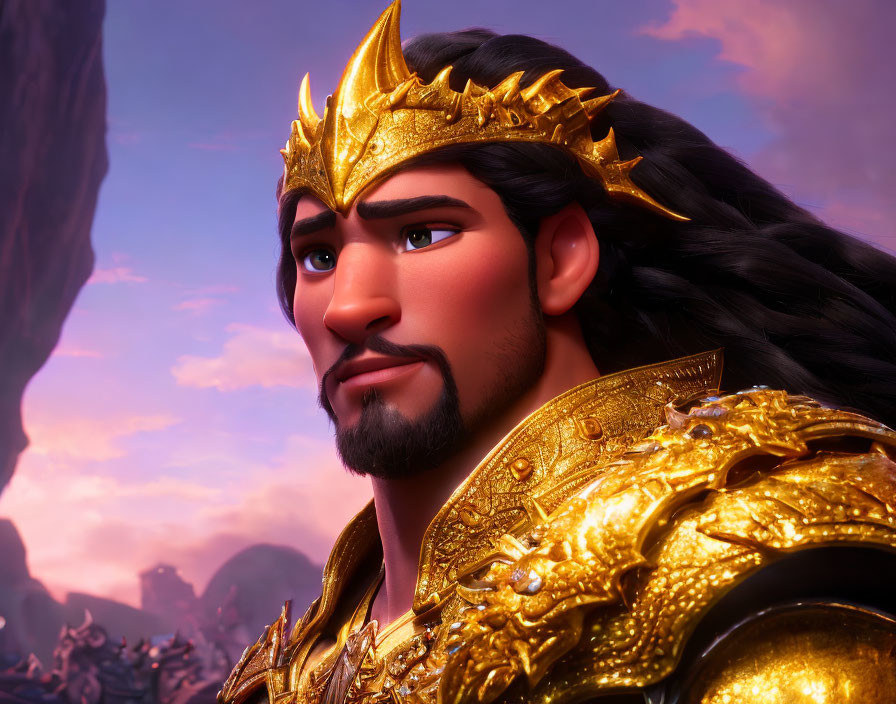 Regal animated character in golden crown and armor on twilight sky backdrop