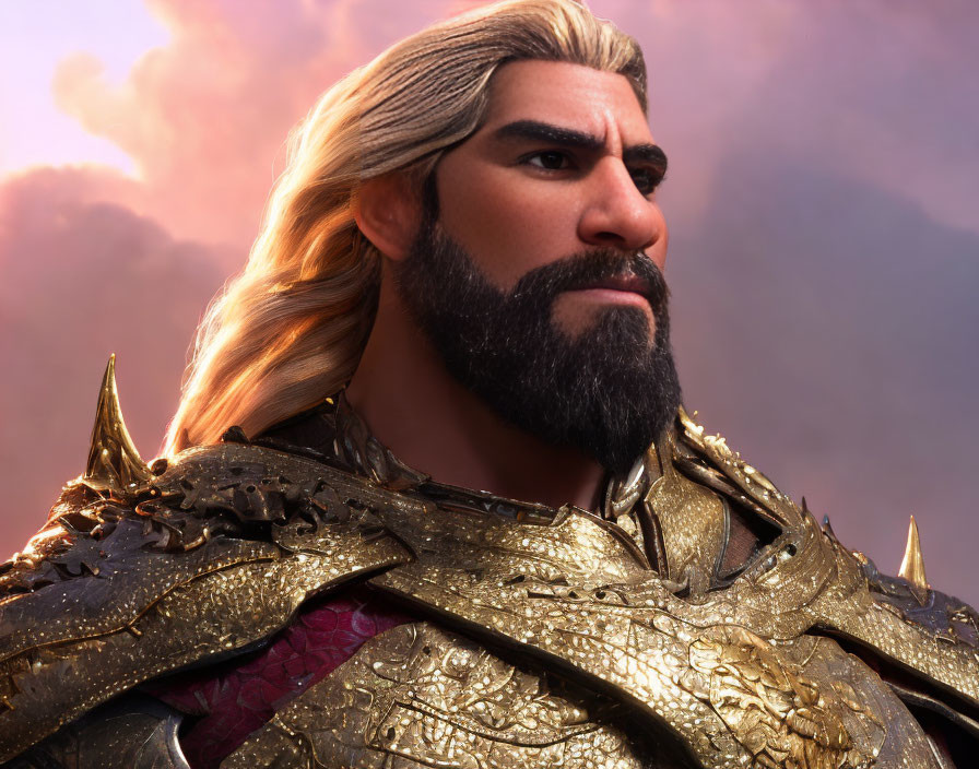 Regal animated character in golden armor with blond hair on purple cloud background