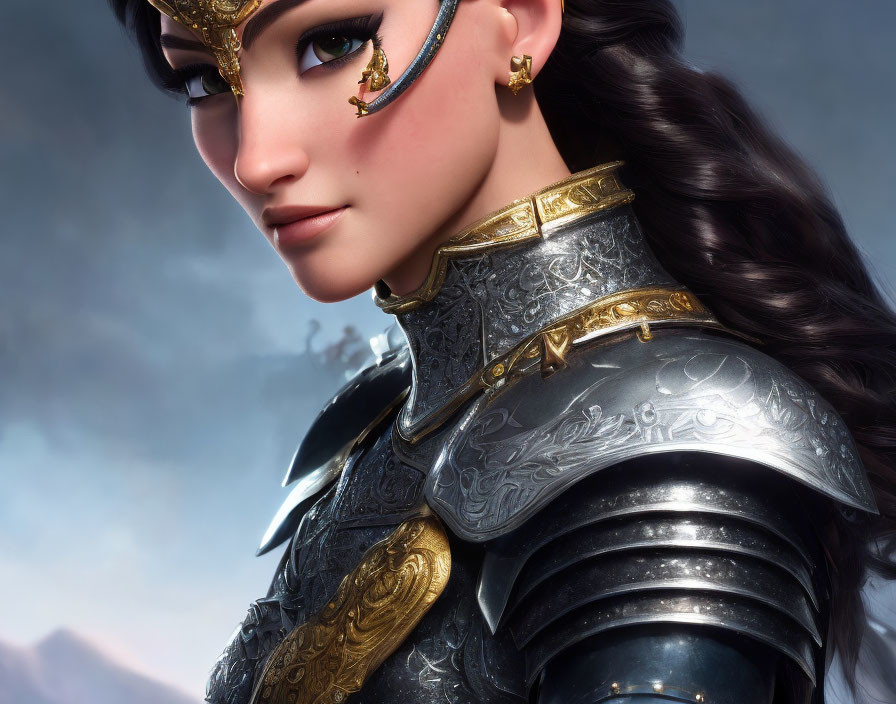 Female animated character in ornate silver and gold armor with dark hair and decorative eyepiece