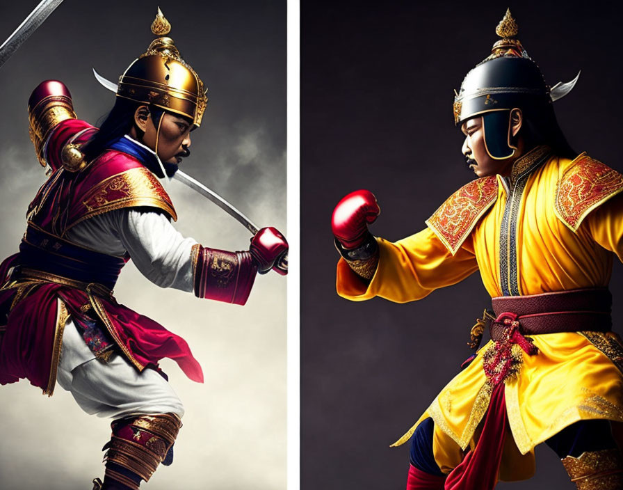 Elaborate traditional Asian warrior costumes with sword and boxing gloves.