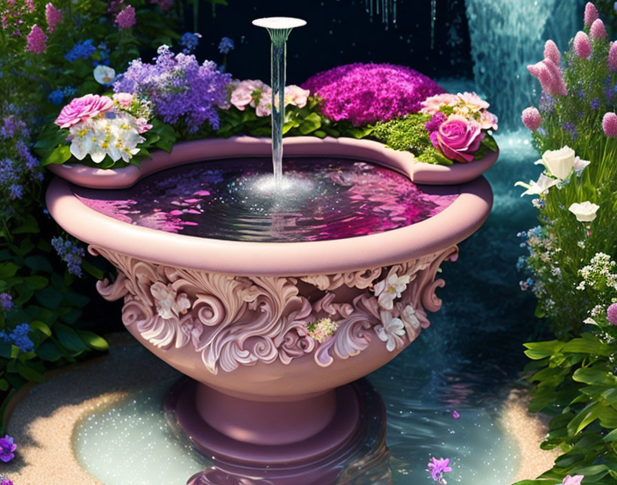 Pink Fountain Surrounded by Flowers and Foliage