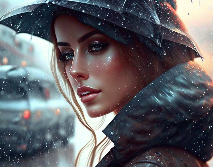 Blonde woman under black umbrella in snowfall