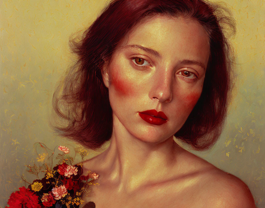 Portrait of woman with red cheeks and lips holding flowers on golden floral background