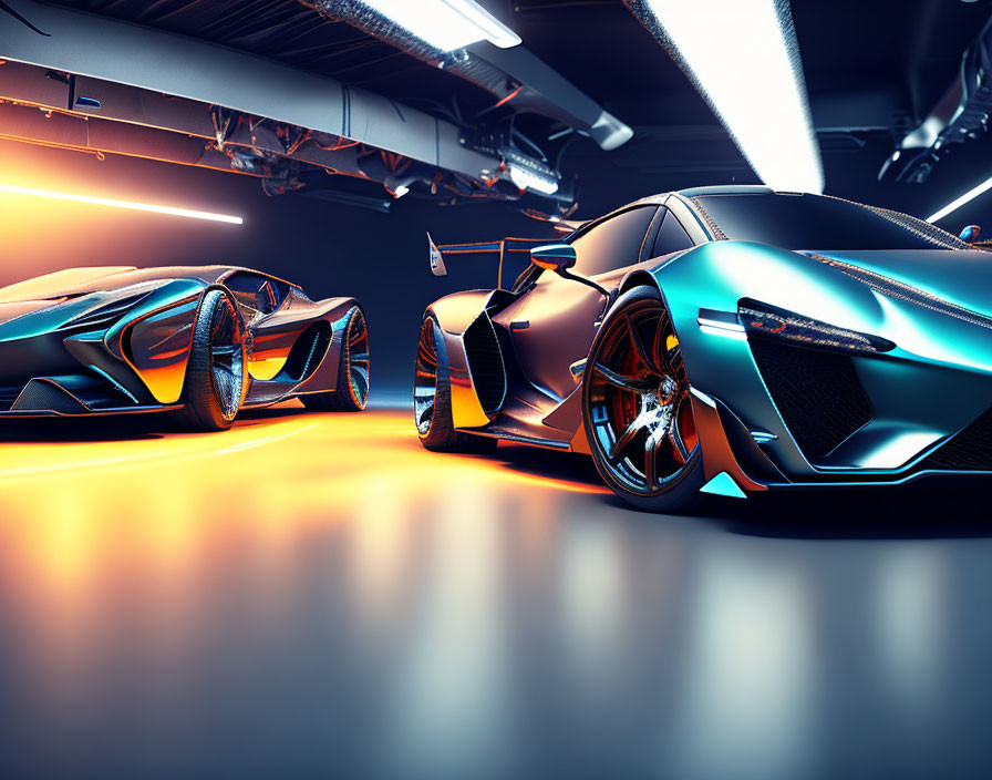 Sleek futuristic sports cars in neon-lit garage