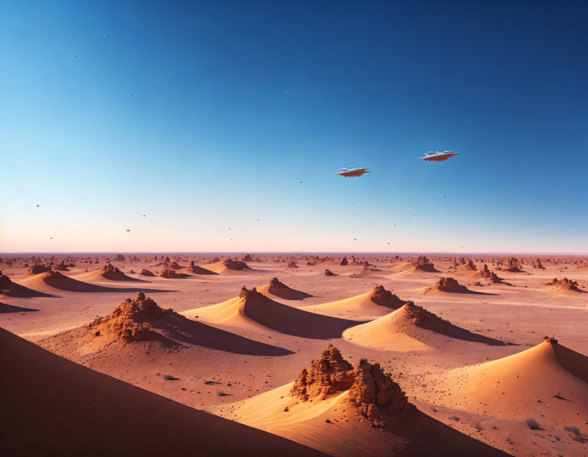 Orange sand dunes in vast desert with flying objects