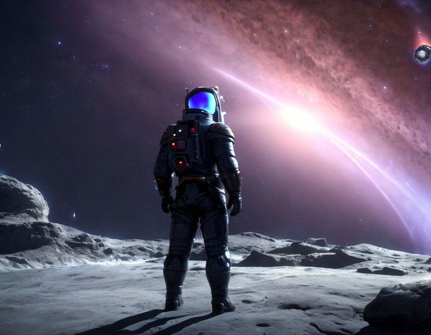 Astronaut on rocky lunar surface gazes at vibrant nebula and distant planets