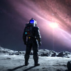 Astronaut on rocky lunar surface gazes at vibrant nebula and distant planets