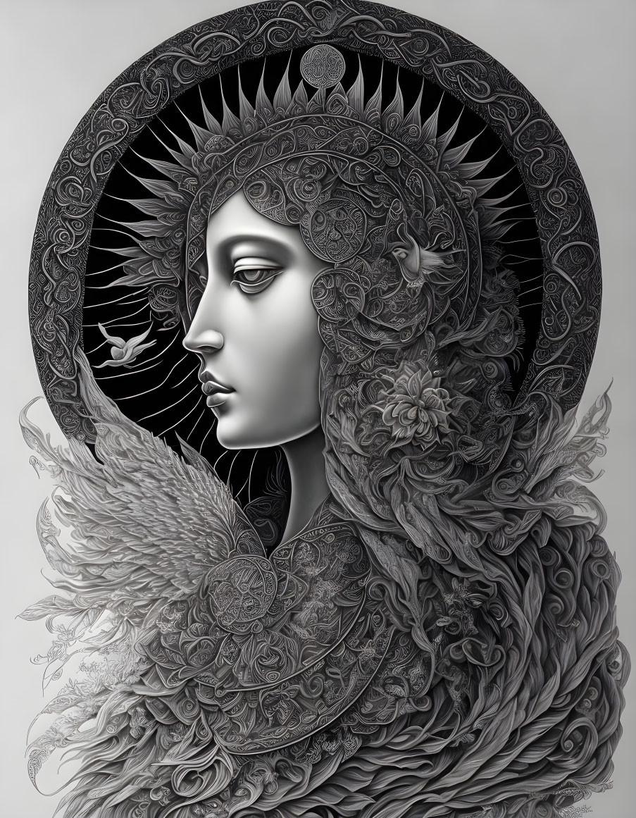 Monochrome artwork of a woman with ornate halo and feathered cloak