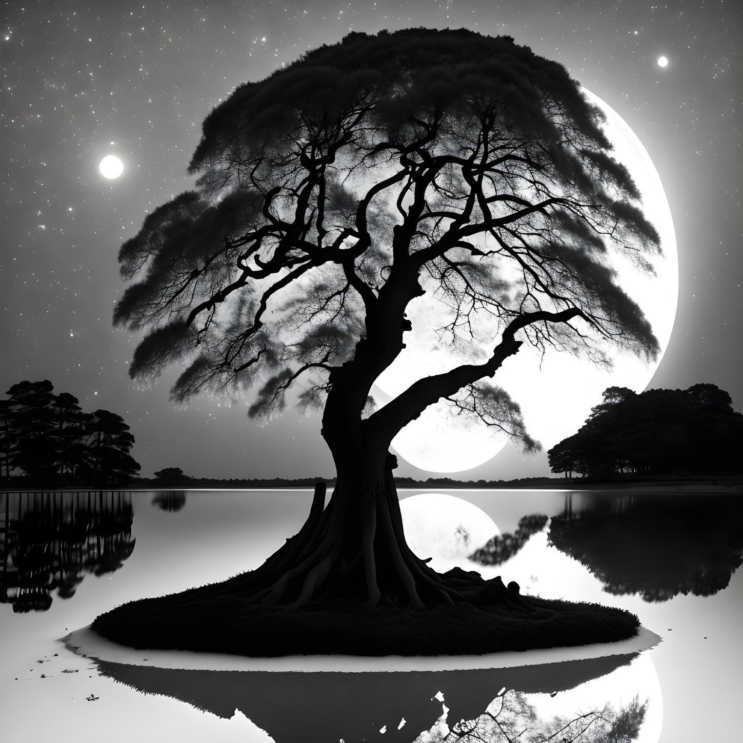 Silhouette of lone tree on island under starry night sky with full moon