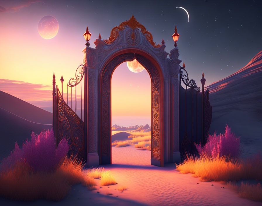 Tranquil desert scene with ornate gate, purple flora, dunes, and moons