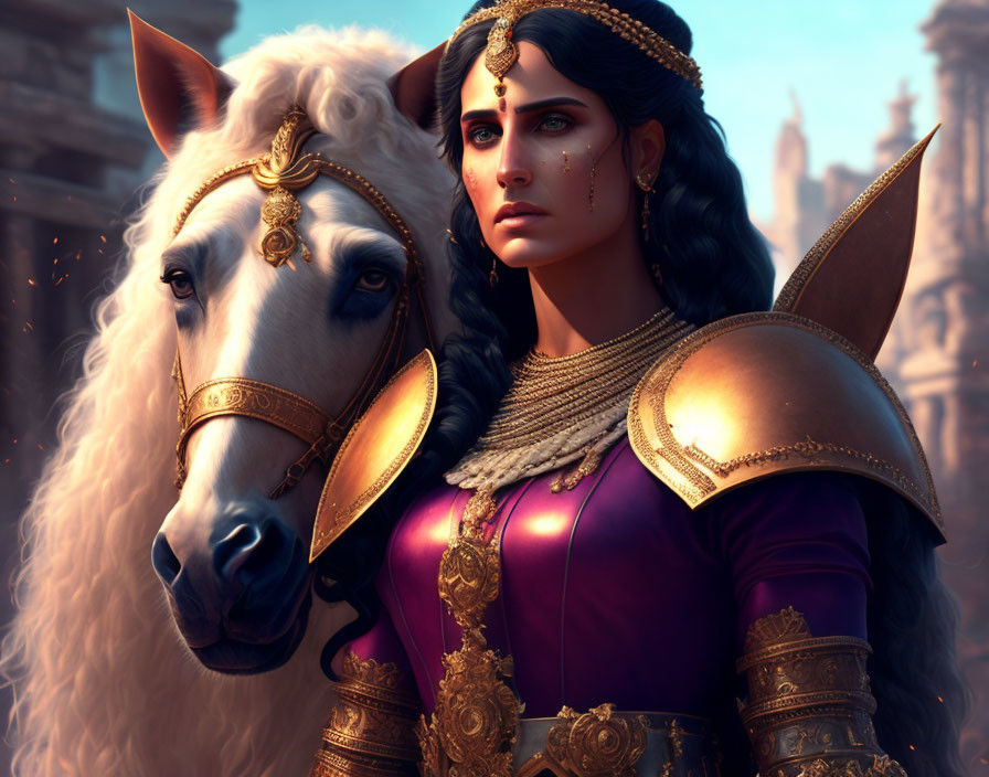 Regal warrior woman with adorned headpiece and armor on white horse in ancient city.