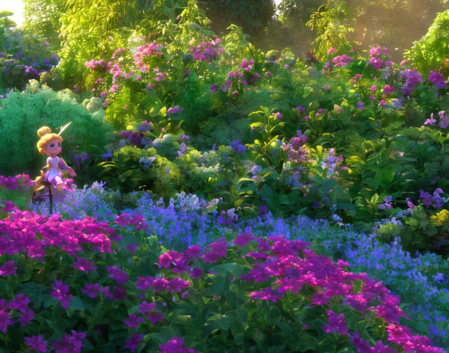 Colorful garden scene with pink and purple flowers and a small figure holding a lantern