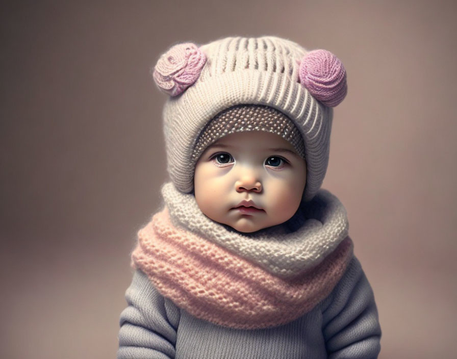 Toddler in Pink Knitted Beanie and Scarf on Soft Background