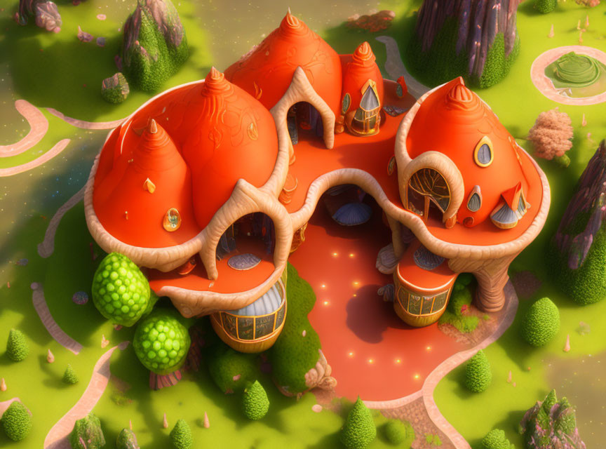 Whimsical fantasy landscape with orange mushroom houses and lush greenery