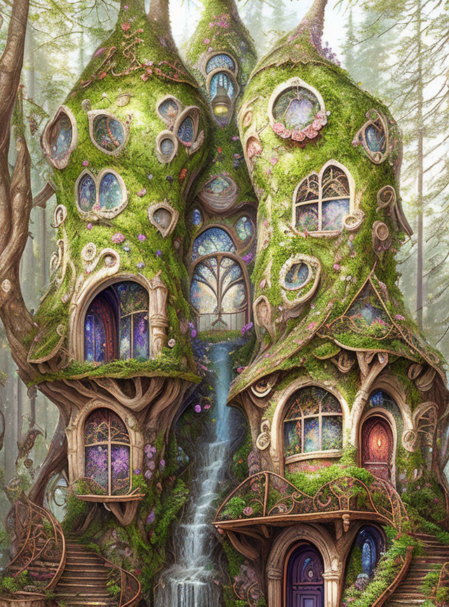 Whimsical fantasy treehouse in misty forest with waterfall