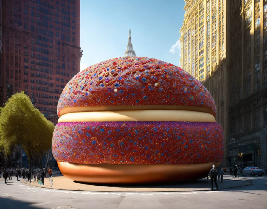 Gigantic Colorful Doughnut Sculpture in Urban Square