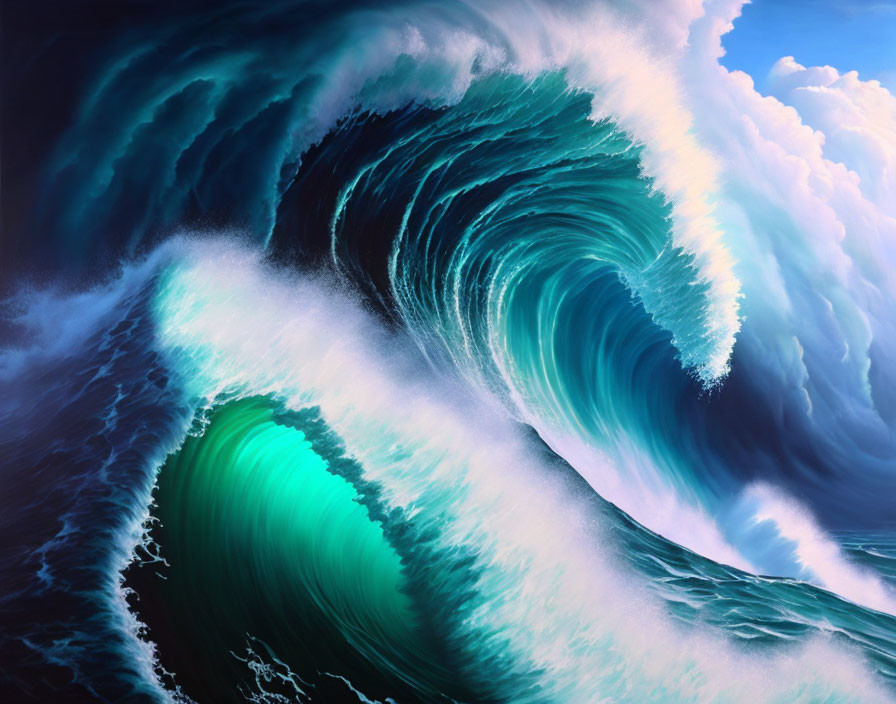 Majestic turquoise and deep blue wave under dramatic sky