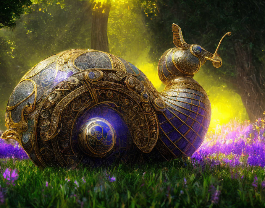 Fantasy snail with ornate shell in vibrant forest scene