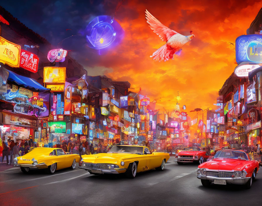 Neon signs, classic cars, dove, orb in vibrant street scene