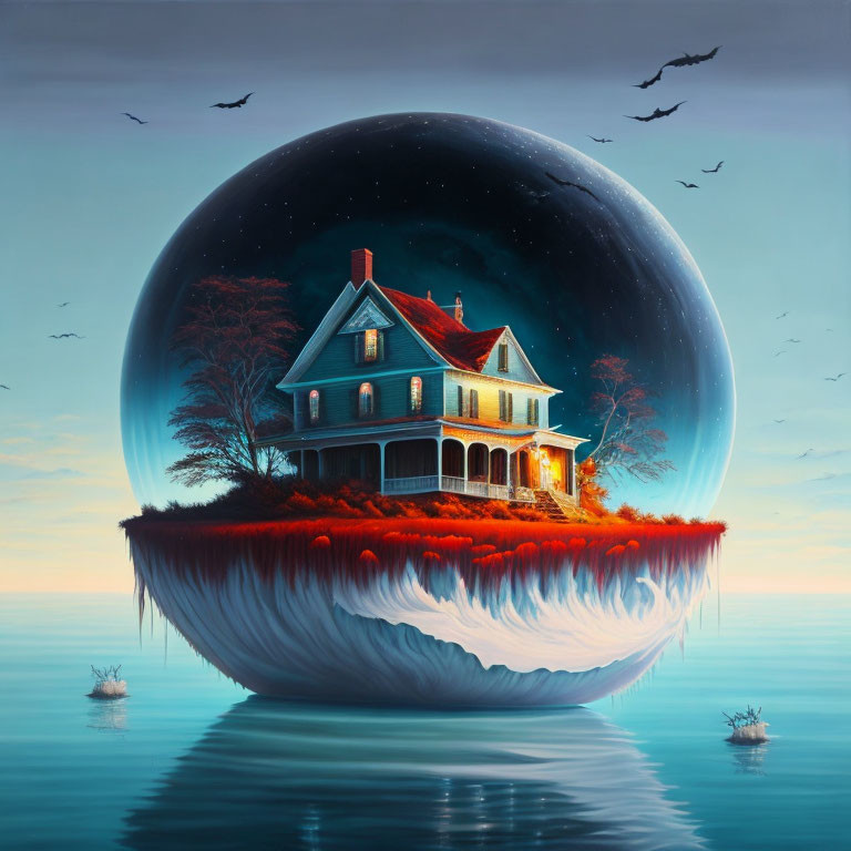 Surreal artwork: Floating Victorian house in bubble over autumnal island