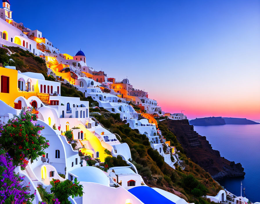 Santorini White Buildings at Twilight with Blue Domes & Sea View