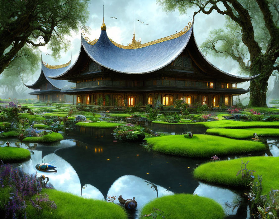 Ornate building in lush greenery with serene pond