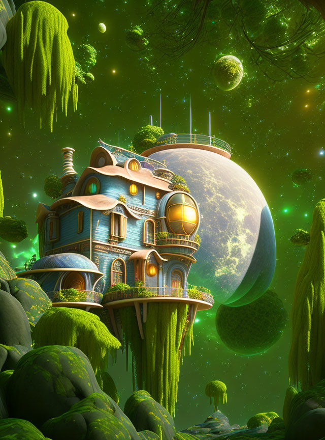 Whimsical house on floating island with large moon and glowing orbs