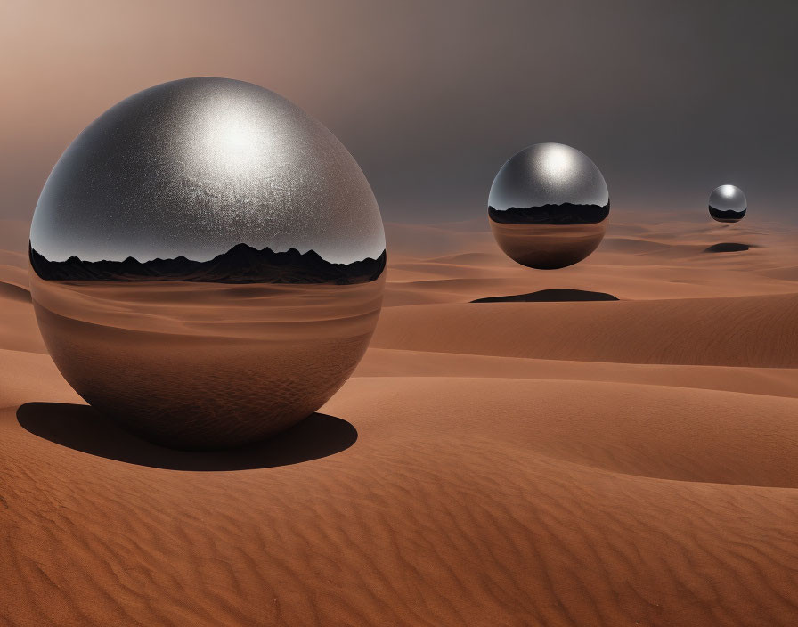 Reflective spheres on sandy desert landscape.