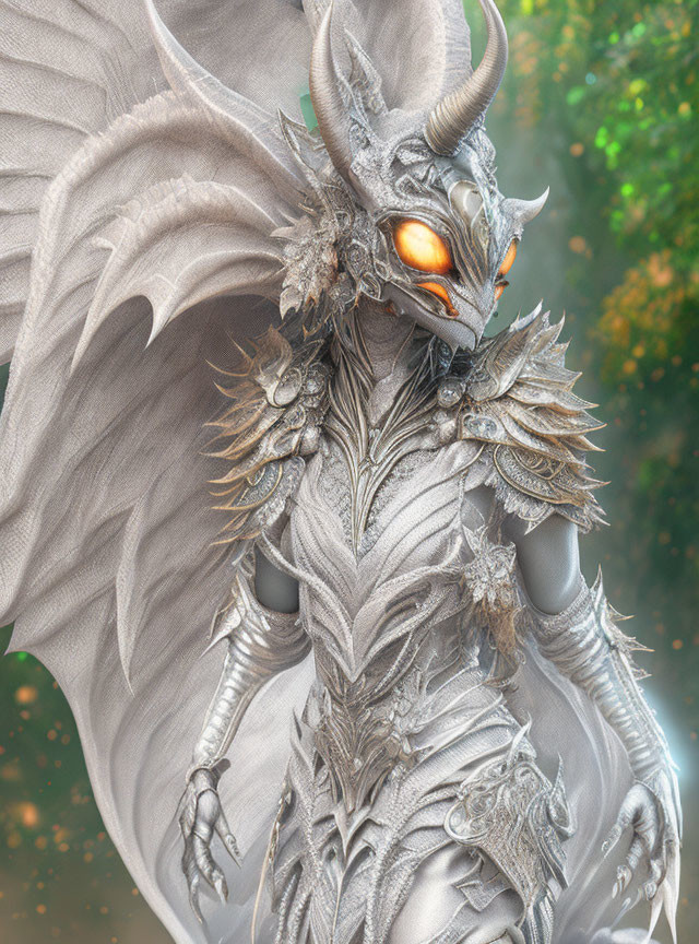 Fantasy Dragon-like Humanoid in Metallic Armor with Glowing Eyes