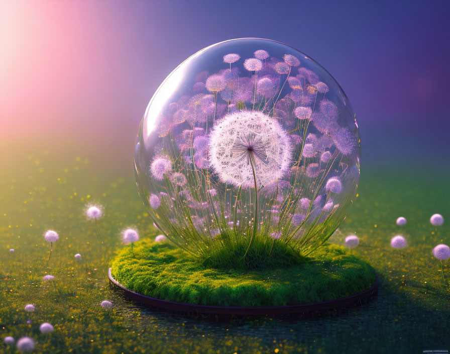 Transparent Sphere with Oversized Dandelion Seeds on Mossy Base