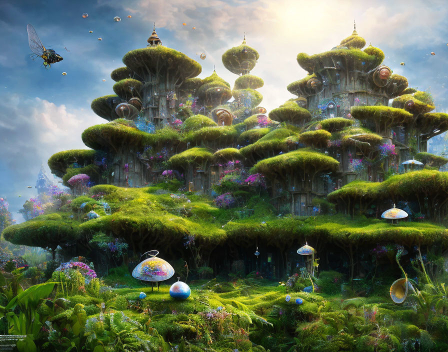 Whimsical landscape with mushroom structures, lush greenery, vibrant flowers, and magical orbs under a