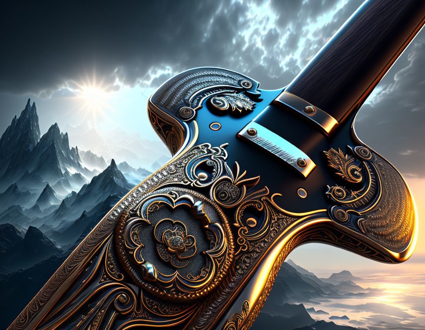 Intricately designed decorative sword on dramatic mountain landscape