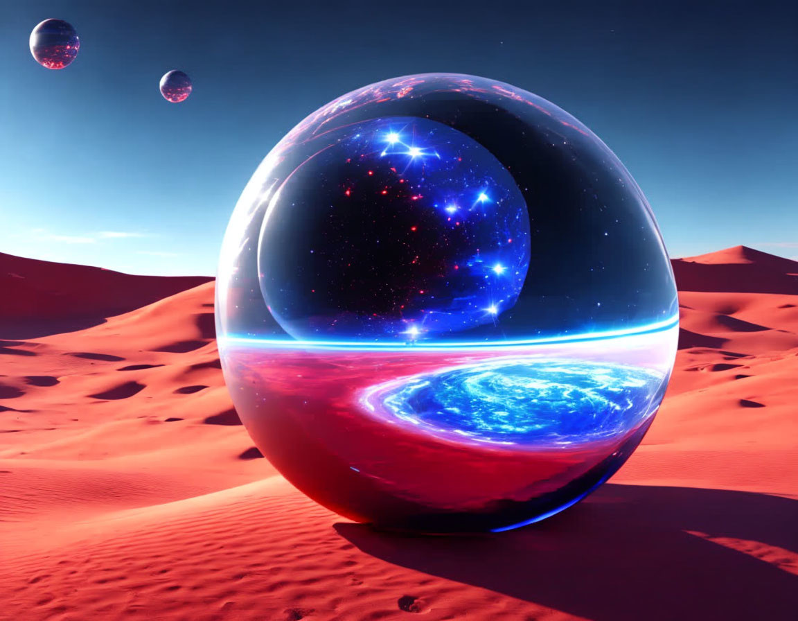 Transparent Sphere with Cosmic Scene in Red Desert Dunes