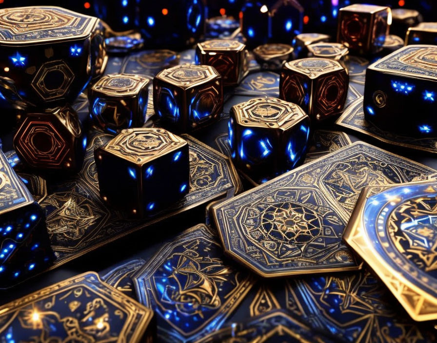 Metallic dice and playing cards with glowing blue accents on dark background